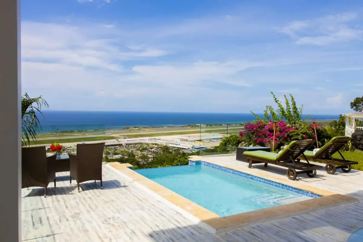 Glory’s terrace and view across Montego Bay towards the Caribbean
